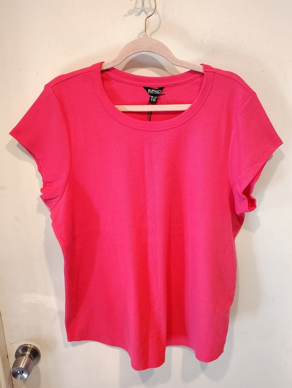 Buffalo David Button NWT Crew Neck Ribbed Knit Cap Sleeve Pink T-shirt Sz XXL